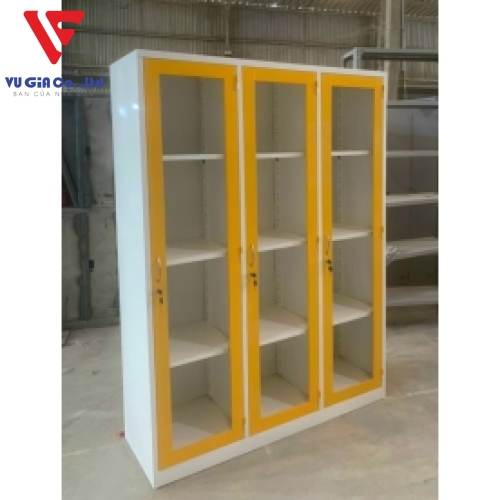 IRON FILE CABINET 3 GLASS COMPARTMENTS + 2 COLOR YELLOW WHITE MIX