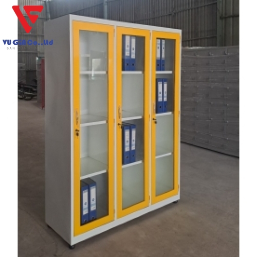 IRON FILE CABINET 3 GLASS COMPARTMENTS + 2 COLOR YELLOW WHITE MIX